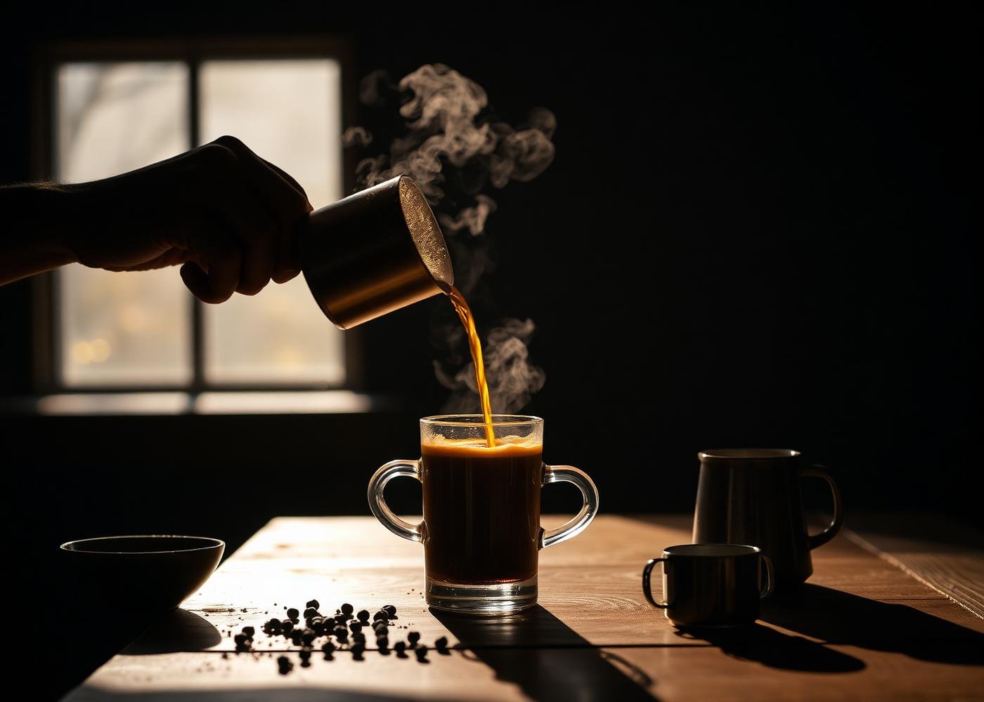 Cinematic coffee cup and roasted beans lit with warm directional light